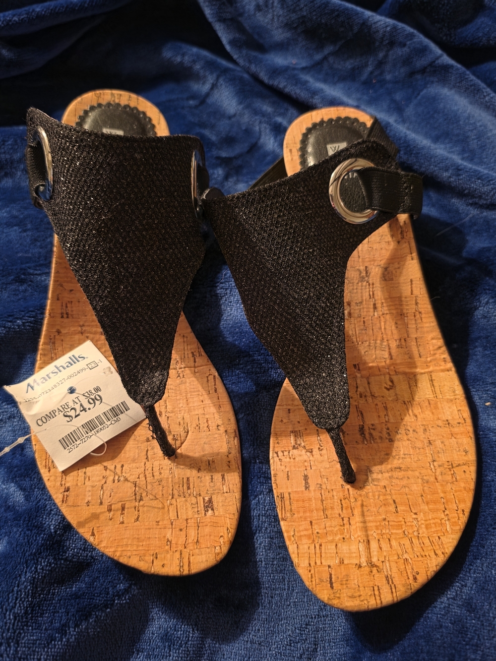 White Mountain Black Thong Sandals with Metallic Ring Accent